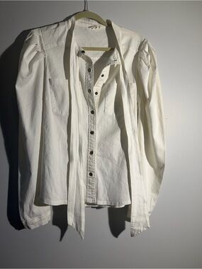 Aaron & Amber Denim Top Womens Large Puff Sleeve Tie Neck Snap Button Heavy